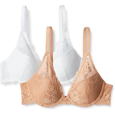 Amazon Essentials Damen Dehnbare Galloon-Spitze Gepolstert mit Bügel Tiefer Plunge-BH, 2er-Pack, Gewaschene Bronze/Weiß, 75B Amazon Essentials Damen Dehnbare Galloon-Spitze Gepolstert mit Bügel Tiefer Plunge-BH, 2er-Pack, Gewaschene Bronze/Weiß, 75B