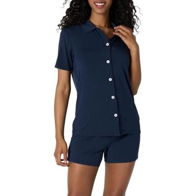 Amazon Essentials x Sofia Grainge Damen Pyjama-Set, eng anliegend, mit kurzen Ärmeln, Marineblau, M Amazon Essentials x Sofia Grainge Damen Pyjama-Set, eng anliegend, mit kurzen Ärmeln, Marineblau, M