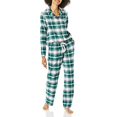 Amazon Essentials Damen Flanell-Schlafanzug mit Shirt mit Langen Ärmeln und Knopfleiste vorne und Hose, Dunkelgrün Weiß Karomuster, XXL Amazon Essentials Damen Flanell-Schlafanzug mit Shirt mit Langen Ärmeln und Knopfleiste vorne und Hose, Dunkelgrün Weiß Karomuster, XXL