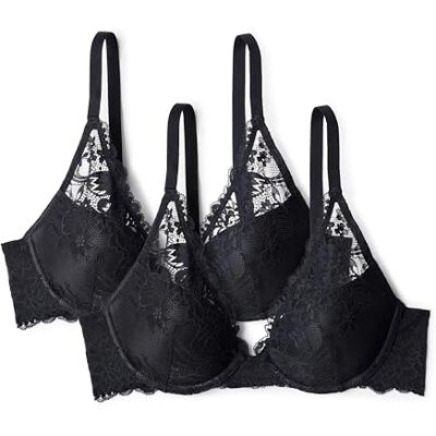 Amazon Essentials Damen Dehnbare Galloon-Spitze Gepolstert mit Bügel Tiefer Plunge-BH, 2er-Pack, Schwarz, 75D Amazon Essentials Damen Dehnbare Galloon-Spitze Gepolstert mit Bügel Tiefer Plunge-BH, 2er-Pack, Schwarz, 75D