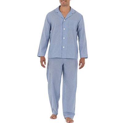 Fruit of the Loom Herren Langärmliges Pyjama-Set aus breitem Stoff Pyjamaset, blau gestreift, Large Fruit of the Loom Herren Langärmliges Pyjama-Set aus breitem Stoff Pyjamaset, blau gestreift, Large
