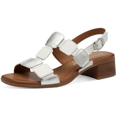 Tamaris Comfort Damen Sandalen mit Absatz aus Leder mit verstellbarem Riemen, Weiß (White/Silver), 39 EU Tamaris Comfort Damen Sandalen mit Absatz aus Leder mit verstellbarem Riemen, Weiß (White/Silver), 39 EU