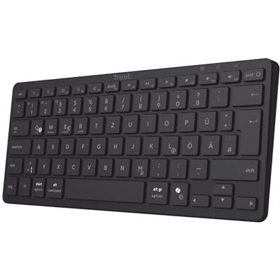 Trust Vira Kabellos Tastatur Bluetooth Deutsches Layout QWERTZ, Schwarz Integrierter Akku, Kompakt Multigeräte Funktastatur mit Scherenstrukturtasten für PC Laptop Android MacOS Windows Trust Vira Kabellos Tastatur Bluetooth Deutsches Layout QWERTZ, Schwarz Integrierter Akku, Kompakt Multigeräte Funktastatur mit Scherenstrukturtasten für PC Laptop Android MacOS Windows