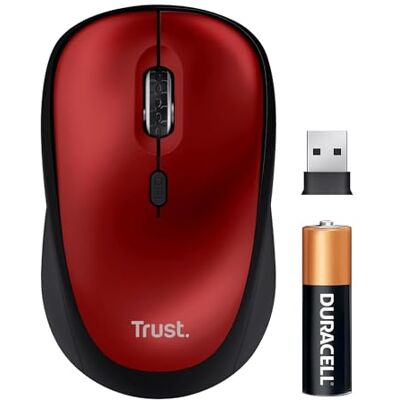Trust Yvi+ Leise Funkmaus, Nachhaltiges Design, 800-1600 DPI, für Rechts- und Linkshänder, Verstaubarer USB Mikroempfänger, Kompakte Maus Kabellos für Laptop, PC, Desktop, Mac Rot Trust Yvi+ Leise Funkmaus, Nachhaltiges Design, 800-1600 DPI, für Rechts- und Linkshänder, Verstaubarer USB Mikroempfänger, Kompakte Maus Kabellos für Laptop, PC, Desktop, Mac Rot