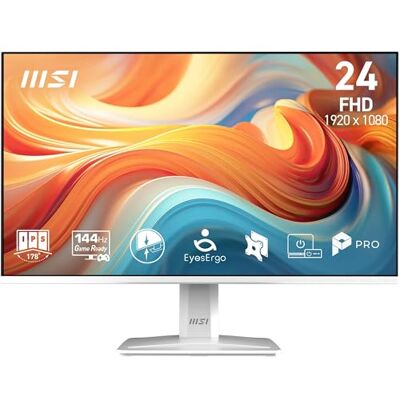 MSI PRO MP243WA E14 24-Inch FHD Computer Monitor, 1920x1080 IPS, 144Hz, 1ms, HDR Ready, Adaptive Sync, Eye Care, Built-in Speaker, HDMI 1.4b, DP 1.2a, Frameless, Tilt Adjustable, Vesa Mount, White MSI PRO MP243WA E14 24-Inch FHD Computer Monitor, 1920x1080 IPS, 144Hz, 1ms, HDR Ready, Adaptive Sync, Eye Care, Built-in Speaker, HDMI 1.4b, DP 1.2a, Frameless, Tilt Adjustable, Vesa Mount, White