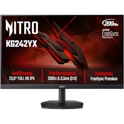 Acer Nitro KG242YX1 Gaming Monitor 23.8 Inch (60 cm Screen) Full HD, IPS, 200Hz, 1ms/0.5ms (GTG, Min.), 2xDP 1.4, 2xHDMI 2.0, Freesync Premium Acer Nitro KG242YX1 Gaming Monitor 23.8 Inch (60 cm Screen) Full HD, IPS, 200Hz, 1ms/0.5ms (GTG, Min.), 2xDP 1.4, 2xHDMI 2.0, Freesync Premium