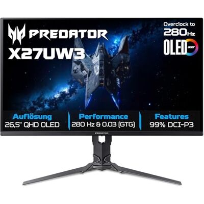 Acer Predator X27 X1 Gaming Monitor 26.5 Zoll (69 cm Bildschirm) 4K (UHD), QD-OLED, 240Hz, 0.03ms (GTG), 2xHDMI 2.1, 2xDP 1.4, USB-C, USB HUB, FreeSync Premium Pro/G-Sync Comp., HDR, Pivot Acer Predator X27 X1 Gaming Monitor 26.5 Zoll (69 cm Bildschirm) 4K (UHD), QD-OLED, 240Hz, 0.03ms (GTG), 2xHDMI 2.1, 2xDP 1.4, USB-C, USB HUB, FreeSync Premium Pro/G-Sync Comp., HDR, Pivot