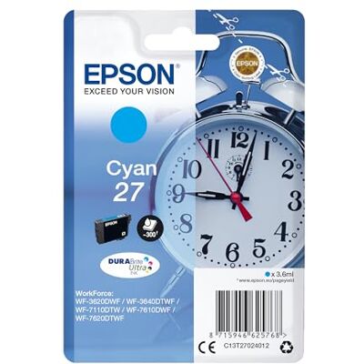 Epson Original 27 Tinte Wecker (WF-3620DWF, WF-3640DTWF, WF-7110DTW, WF-7210DTW, WF-7610DWF, WF-7620DTWF, WF-7710DWF, WF-7715DWF, WF-7720DTWF), cyan Epson Original 27 Tinte Wecker (WF-3620DWF, WF-3640DTWF, WF-7110DTW, WF-7210DTW, WF-7610DWF, WF-7620DTWF, WF-7710DWF, WF-7715DWF, WF-7720DTWF), cyan