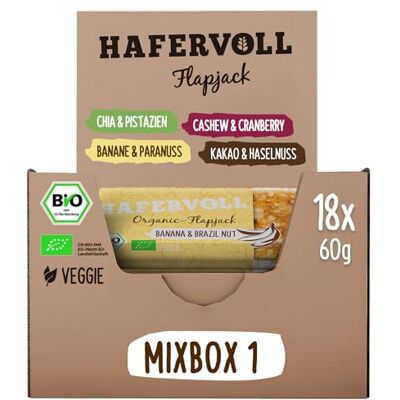 Hafervoll Organic Mixbox, 4 Flapjack-Sorten, 18 x 60g Bio-Müsliriegel, Bio-zertifiziert, Cacoa Nib & Hazelnut, Berry & Cashew, Chia & Pistachio, Banana & Brazil Nut Hafervoll Organic Mixbox, 4 Flapjack-Sorten, 18 x 60g Bio-Müsliriegel, Bio-zertifiziert, Cacoa Nib & Hazelnut, Berry & Cashew, Chia & Pistachio, Banana & Brazil Nut