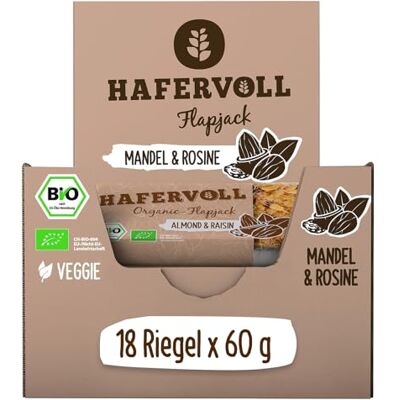 Hafervoll Organic Flapjack Almond & Raisin, 18 x 60 g Müsliriegel Bio-zertifiziert, mit Honig ohne Zusatz von Zucker, Hafer, im Ofen gebacken Hafervoll Organic Flapjack Almond & Raisin, 18 x 60 g Müsliriegel Bio-zertifiziert, mit Honig ohne Zusatz von Zucker, Hafer, im Ofen gebacken