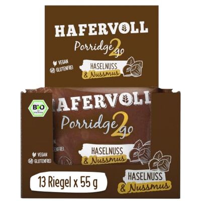 Hafervoll Porridge2go Haselnuss & Nussmus, 13 x 55g Riegel Vegan, Bio, Glutenfrei, Naschen ohne Zusatz von Zucker, mit Hafer, Datteln und Quinoa-Pops Hafervoll Porridge2go Haselnuss & Nussmus, 13 x 55g Riegel Vegan, Bio, Glutenfrei, Naschen ohne Zusatz von Zucker, mit Hafer, Datteln und Quinoa-Pops
