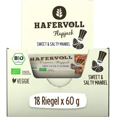 Hafervoll Organic Flapjack Sweet & Salty Almond, 18 x 60 g Müsliriegel Bio-zertifiziert, mit Honig ohne Zusatz von Zucker, Hafer, im Ofen gebacken Hafervoll Organic Flapjack Sweet & Salty Almond, 18 x 60 g Müsliriegel Bio-zertifiziert, mit Honig ohne Zusatz von Zucker, Hafer, im Ofen gebacken