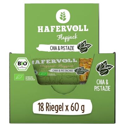 Hafervoll Organic Flapjack Chia & Pistachio, 18 x 60 g Müsliriegel Bio-zertifiziert, mit Honig ohne Zusatz von Zucker, Hafer, im Ofen gebacken Hafervoll Organic Flapjack Chia & Pistachio, 18 x 60 g Müsliriegel Bio-zertifiziert, mit Honig ohne Zusatz von Zucker, Hafer, im Ofen gebacken