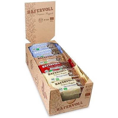 Hafervoll neue Organic Mixbox, 4 Flapjack-Sorten mit einer veganen Sorte, 18 x 60g Bio-Müsliriegel, Bio-zertifiziert, Almond & Raisin, Poppy Seed & Apricot, Sweet & Salty Almond, Cranberry & Cacoa Nib Hafervoll neue Organic Mixbox, 4 Flapjack-Sorten mit einer veganen Sorte, 18 x 60g Bio-Müsliriegel, Bio-zertifiziert, Almond & Raisin, Poppy Seed & Apricot, Sweet & Salty Almond, Cranberry & Cacoa Nib