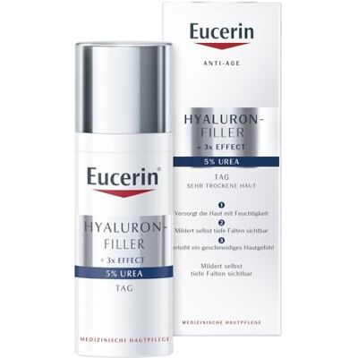 Eucerin Hyaluron-Filler + 3x Effect 5% Urea Tagespflege 50 ml, Gesichtscreme reduziert trockene Falten, feuchtigkeitsspendende Tagescreme mit Urea, und Hyaluronsäure Eucerin Hyaluron-Filler + 3x Effect 5% Urea Tagespflege 50 ml, Gesichtscreme reduziert trockene Falten, feuchtigkeitsspendende Tagescreme mit Urea, und Hyaluronsäure