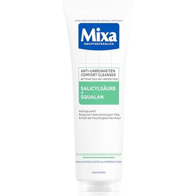 Mixa Anti-Unreinheiten Comfort Cleanser, Für zu Akne neigende und sensible Haut, Glättet das Erscheinungsbild der Poren, Mit Salicylsäure und Squalan, Geeignet für Gesicht & Hals, Hypoallergen, 150 ml Mixa Anti-Unreinheiten Comfort Cleanser, Für zu Akne neigende und sensible Haut, Glättet das Erscheinungsbild der Poren, Mit Salicylsäure und Squalan, Geeignet für Gesicht & Hals, Hypoallergen, 150 ml