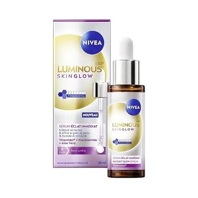 NIVEA Luminous 630 – Serum Skin Glow – Gesichtspflege gegen Flecken – spendet Feuchtigkeit & verfeinert die Poren – patentiertes Thiamidol, Niacinamid & Aloe Vera – Vegan – alle Hauttypen – 30 ml NIVEA Luminous 630 – Serum Skin Glow – Gesichtspflege gegen Flecken – spendet Feuchtigkeit & verfeinert die Poren – patentiertes Thiamidol, Niacinamid & Aloe Vera – Vegan – alle Hauttypen – 30 ml