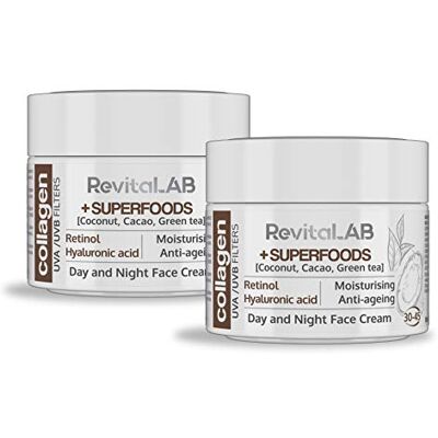 RevitaLAB Anti-Ageing Tages- und Nacht-Feuchtigkeitscreme mit Kollagen, angereichert mit Hyaluronsäure, Superfoods, Vitaminen und einem UVA-/UVB-Filter, für Alter zwischen 30 bis 45, 2x 50 ml RevitaLAB Anti-Ageing Tages- und Nacht-Feuchtigkeitscreme mit Kollagen, angereichert mit Hyaluronsäure, Superfoods, Vitaminen und einem UVA-/UVB-Filter, für Alter zwischen 30 bis 45, 2x 50 ml
