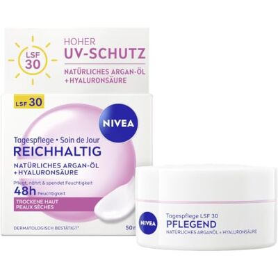 NIVEA Tagespflege Reichhaltig, intensiv pflegende Gesichtscreme für trockene Haut mit natürlichem Mandelöl, feuchtigkeitsspendende Tagescreme mit LSF 30 (50 ml) NIVEA Tagespflege Reichhaltig, intensiv pflegende Gesichtscreme für trockene Haut mit natürlichem Mandelöl, feuchtigkeitsspendende Tagescreme mit LSF 30 (50 ml)