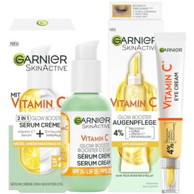 Garnier Vitamin C Glow Booster Set mit Anti-Müdigkeits Augenpflege und Serum Crème, Für eine strahlende und ebenmäßige Haut und zur Milderung von Müdigkeitsanzeichen, SkinActive, 2-teilig Garnier Vitamin C Glow Booster Set mit Anti-Müdigkeits Augenpflege und Serum Crème, Für eine strahlende und ebenmäßige Haut und zur Milderung von Müdigkeitsanzeichen, SkinActive, 2-teilig