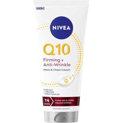 NIVEA Q10 Straffende Anti-Falten-Creme für Hals und Dekolleté (200 ml), 72h Feuchtigkeitscreme für den Körper mit Kreatin und Provitamin B5, für straffere Haut und reduzierte Falten innerhalb von 14 NIVEA Q10 Straffende Anti-Falten-Creme für Hals und Dekolleté (200 ml), 72h Feuchtigkeitscreme für den Körper mit Kreatin und Provitamin B5, für straffere Haut und reduzierte Falten innerhalb von 14