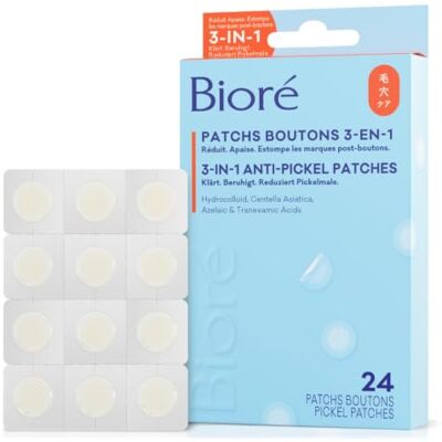 Bioré Anti-Pickel Patches 3 in 1 Inhalt: 24 Pickel-Patches Hydrokolloid Centella Asiatica Dermatologisch getestet Unterstützt das Verblassen von Pickelmalen Bioré Anti-Pickel Patches 3 in 1 Inhalt: 24 Pickel-Patches Hydrokolloid Centella Asiatica Dermatologisch getestet Unterstützt das Verblassen von Pickelmalen