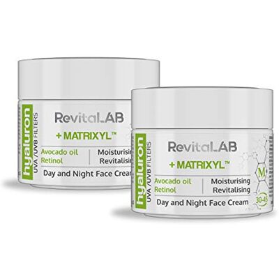 RevitaLAB Hyaluron Anti-Ageing Tages- und Nachtcreme, angereichert mit Avocadoöl, Matrixyl, Retinol und UV-Filtern, für Alter zwischen 30 bis 45 Jahren, 50 ml (Multipack) RevitaLAB Hyaluron Anti-Ageing Tages- und Nachtcreme, angereichert mit Avocadoöl, Matrixyl, Retinol und UV-Filtern, für Alter zwischen 30 bis 45 Jahren, 50 ml (Multipack)