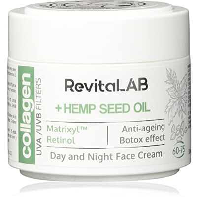 RevitaLAB Anti-Ageing Tages- und Nacht-Feuchtigkeitscreme mit Kollagen, angereichert mit Hyaluronsäure, Matrixyl® 3000, Hanfsamenöl, UVA-/UVB-Filter, für Alter zwischen 60 und 75, 50 ml (Multipack) RevitaLAB Anti-Ageing Tages- und Nacht-Feuchtigkeitscreme mit Kollagen, angereichert mit Hyaluronsäure, Matrixyl® 3000, Hanfsamenöl, UVA-/UVB-Filter, für Alter zwischen 60 und 75, 50 ml (Multipack)
