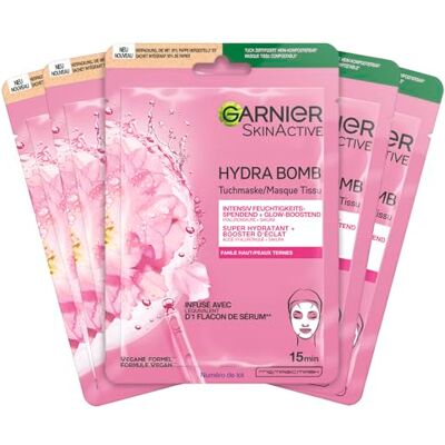 Garnier Tuchmaskenset Sakura fürs Gesicht bei fahler Haut, Feuchtigkeit und Glow, Mit Hyaluronsäure und Sakura, SkinActive, Hydra Bomb Sakura, 5x 28g Garnier Tuchmaskenset Sakura fürs Gesicht bei fahler Haut, Feuchtigkeit und Glow, Mit Hyaluronsäure und Sakura, SkinActive, Hydra Bomb Sakura, 5x 28g