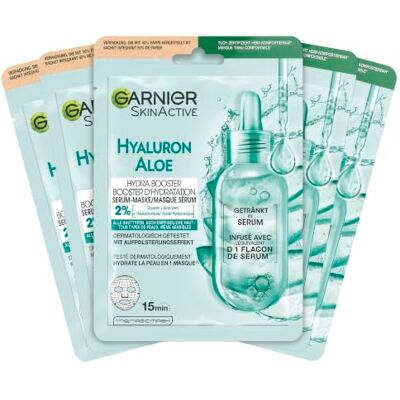Garnier Serum-Tuchmaskenset Aloe Vera für alle Hauttypen, Erfrischend und feuchtigkeitsspendend, Mit Hyaluronsäure, Aloe Vera und Glycerin, SkinActive, Aloe Hydra Booster Serum-Tuchmaske, 5x 28g Garnier Serum-Tuchmaskenset Aloe Vera für alle Hauttypen, Erfrischend und feuchtigkeitsspendend, Mit Hyaluronsäure, Aloe Vera und Glycerin, SkinActive, Aloe Hydra Booster Serum-Tuchmaske, 5x 28g
