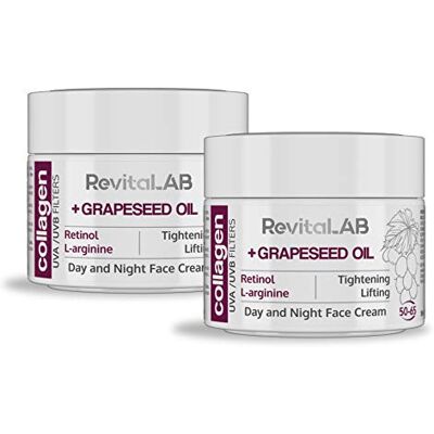RevitaLAB Anti-Ageing-Tages und Nacht-Feuchtigkeitscreme mit Kollagen, angereichert mit Hyaluronsäure,L-Arginin,Retinol,Traubenkernöl und UVA/UVB-Filter,für Alter zwischen 50 und 65,50 ml (Multipack) RevitaLAB Anti-Ageing-Tages und Nacht-Feuchtigkeitscreme mit Kollagen, angereichert mit Hyaluronsäure,L-Arginin,Retinol,Traubenkernöl und UVA/UVB-Filter,für Alter zwischen 50 und 65,50 ml (Multipack)