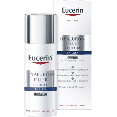 Eucerin Hyaluron-Filler + 3x Effect 5% Urea Nachtpflege 50 ml, Gesichtscreme regeneriert die Haut im Schlaf, feuchtigkeitsspendende Nachtcreme mit Urea, Hyaluronsäure und Ceramide Eucerin Hyaluron-Filler + 3x Effect 5% Urea Nachtpflege 50 ml, Gesichtscreme regeneriert die Haut im Schlaf, feuchtigkeitsspendende Nachtcreme mit Urea, Hyaluronsäure und Ceramide