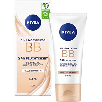 NIVEA 5 IN 1 Tagespflege BB 24h Feuchtigkeit LSF 15, getönte Tagescreme für helle Hauttypen, Gesichtscreme mit Bio Jojoba-Öl und Make-Up Pigmenten NIVEA 5 IN 1 Tagespflege BB 24h Feuchtigkeit LSF 15, getönte Tagescreme für helle Hauttypen, Gesichtscreme mit Bio Jojoba-Öl und Make-Up Pigmenten