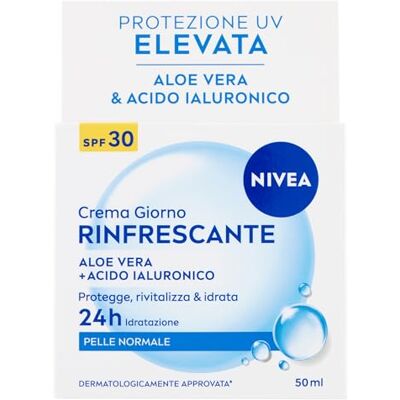 NIVEA Erfrischende Tagescreme LSF 30, 50 ml, Feuchtigkeitscreme für das Gesicht mit Aloe Vera und Hyaluronsäure für 24h frische Feuchtigkeit, Skincare mit hohem UVA/UVB-Schutz SPF30 für normale Haut NIVEA Erfrischende Tagescreme LSF 30, 50 ml, Feuchtigkeitscreme für das Gesicht mit Aloe Vera und Hyaluronsäure für 24h frische Feuchtigkeit, Skincare mit hohem UVA/UVB-Schutz SPF30 für normale Haut