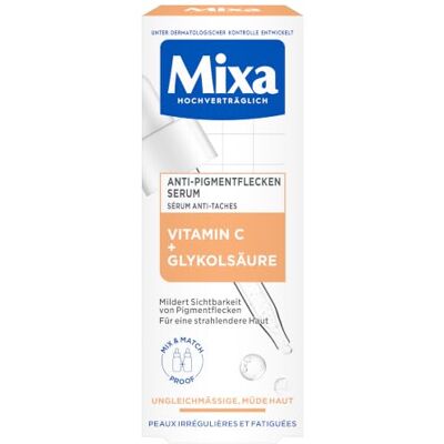 Mixa Anti-Pigmentflecken Serum, Für ungleichmäßige, fahle und sensible Haut mit Vitamin C und Niacinamid, Geeignet für Gesicht & Hals, LSF 20, Hypoallergen, 30 ml Mixa Anti-Pigmentflecken Serum, Für ungleichmäßige, fahle und sensible Haut mit Vitamin C und Niacinamid, Geeignet für Gesicht & Hals, LSF 20, Hypoallergen, 30 ml