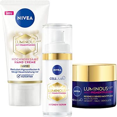 NIVEA Cellular LUMINOUS 630® Tag, Nacht & Hand Set, Anti-Pigmentflecken Pflegeset, inklusive Anti-Aging Serum, Nachtpflege und Handcreme NIVEA Cellular LUMINOUS 630® Tag, Nacht & Hand Set, Anti-Pigmentflecken Pflegeset, inklusive Anti-Aging Serum, Nachtpflege und Handcreme