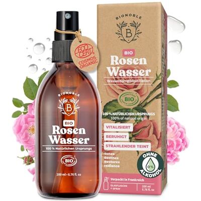BIONOBLE Rosenwasser Bio Vitalisiert, Beruhigt, Verleiht Strahlkraft 100% Natürliches Rosenhydrolat Bio Ohne Alkohol Rosenwasser Gesichtswasser, Haare Rose Water Spray in Glasflasche 200ml BIONOBLE Rosenwasser Bio Vitalisiert, Beruhigt, Verleiht Strahlkraft 100% Natürliches Rosenhydrolat Bio Ohne Alkohol Rosenwasser Gesichtswasser, Haare Rose Water Spray in Glasflasche 200ml