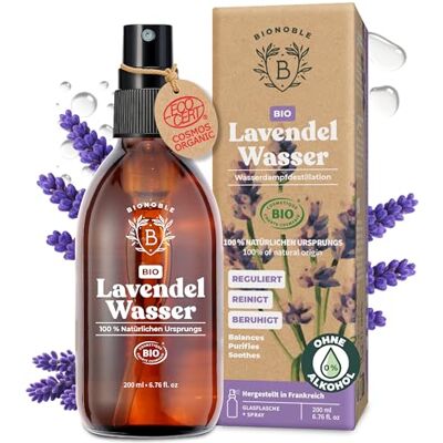 BIONOBLE Lavendelspray Für Kopfkissen Lavendel Spray Ohne Alkohol, 100% Natürlichen Ursprungs, Dermatologisch Getestet Lavendelwasser Bio für Haut Hydrolat in Glasflasche 200ml BIONOBLE Lavendelspray Für Kopfkissen Lavendel Spray Ohne Alkohol, 100% Natürlichen Ursprungs, Dermatologisch Getestet Lavendelwasser Bio für Haut Hydrolat in Glasflasche 200ml