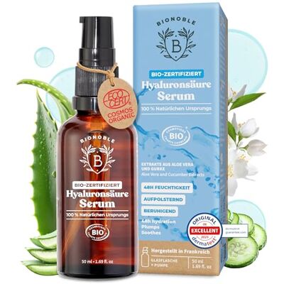 BIONOBLE Hyaluron Serum hochdosiert BIO-zertifiziert Hyaluronsäure Anti Aging und Anti Falten 100% natürlichen Ursprungs, Vegan Glasflasche mit Pumpe Hyaluronic Acid Serum Gesicht 50ml BIONOBLE Hyaluron Serum hochdosiert BIO-zertifiziert Hyaluronsäure Anti Aging und Anti Falten 100% natürlichen Ursprungs, Vegan Glasflasche mit Pumpe Hyaluronic Acid Serum Gesicht 50ml