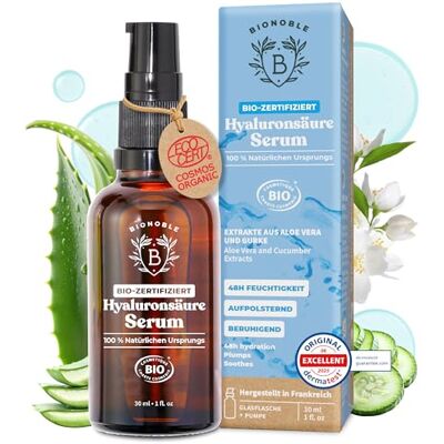 BIONOBLE Hyaluron Serum hochdosiert BIO-zertifiziert Hyaluronsäure Anti Aging und Anti Falten 100% natürlichen Ursprungs, Vegan Glasflasche mit Pumpe Hyaluronic Acid Serum Gesicht 30ml BIONOBLE Hyaluron Serum hochdosiert BIO-zertifiziert Hyaluronsäure Anti Aging und Anti Falten 100% natürlichen Ursprungs, Vegan Glasflasche mit Pumpe Hyaluronic Acid Serum Gesicht 30ml