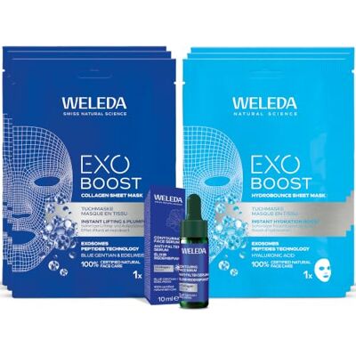 WELEDA Bio Exo Boost Gesichtspflege Set – Naturkosmetik Anti Aging mit 3x Collagen Tuchmaske, 3x Hydrobounce Tuchmaske & Serum reduziert tiefe Falten, strafft die Haut & sorgt für Glow (vegan) WELEDA Bio Exo Boost Gesichtspflege Set – Naturkosmetik Anti Aging mit 3x Collagen Tuchmaske, 3x Hydrobounce Tuchmaske & Serum reduziert tiefe Falten, strafft die Haut & sorgt für Glow (vegan)