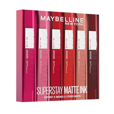 MAYBELLINE New York Set mit 6 flüssigen Lippenstiften, langanhaltend, Superstay Matte Ink – Farben: Lover (15)/Seductress (65)/Artist (120)/Dancer (118)/Pioneer (20)/Voyager (50), 6 Stück(1er Pack) MAYBELLINE New York Set mit 6 flüssigen Lippenstiften, langanhaltend, Superstay Matte Ink – Farben: Lover (15)/Seductress (65)/Artist (120)/Dancer (118)/Pioneer (20)/Voyager (50), 6 Stück(1er Pack)
