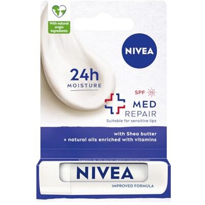 NIVEA Med Repair Feuchtigkeitsspendende Lippenstift mit Sheabutter, pflegenden Ölen und Vitaminen SPF 15; 4,8g NIVEA Med Repair Feuchtigkeitsspendende Lippenstift mit Sheabutter, pflegenden Ölen und Vitaminen SPF 15; 4,8g