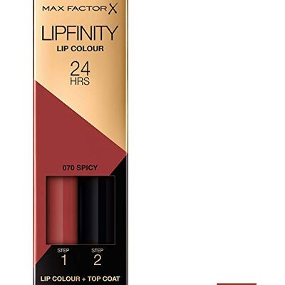 Max Factor Lipfinity Lip Colour Spicy 70 – Kussechter Lippenstift mit 24h Halt ohne auszutrocknen, mit intensiver Farbabgabe, präzisem Applikator & intensiv pflegendem Gloss-Top Coat, 4.2g (1er Pack) Max Factor Lipfinity Lip Colour Spicy 70 – Kussechter Lippenstift mit 24h Halt ohne auszutrocknen, mit intensiver Farbabgabe, präzisem Applikator & intensiv pflegendem Gloss-Top Coat, 4.2g (1er Pack)