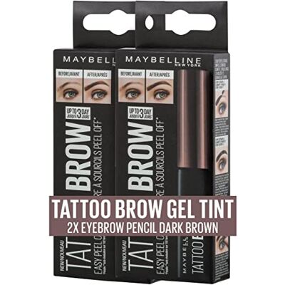 MAYBELLINE New York Augenbrauenfarbe im Doppelpack, Tattoo Brow Gel Tint, Mit Peel-off-Formel, Nr. 3 Dark Brown, 2 x 5 ml MAYBELLINE New York Augenbrauenfarbe im Doppelpack, Tattoo Brow Gel Tint, Mit Peel-off-Formel, Nr. 3 Dark Brown, 2 x 5 ml