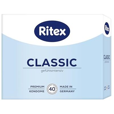 Ritex Kondome Classic – gefühlsecht mit Gleitfilm, vegan – 40 Stück Gefühlintensiv mit seidenzarter Oberfläche für angenehmen Sitz – dermatologisch getestet, Made in Germany Ritex Kondome Classic – gefühlsecht mit Gleitfilm, vegan – 40 Stück Gefühlintensiv mit seidenzarter Oberfläche für angenehmen Sitz – dermatologisch getestet, Made in Germany