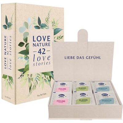 Ritex Pro Nature Kondom-Box – Mix im Buch-Look, vegan – 42 Stück Natürlich & hauchzart für ein intensives Gefühl, diskret verstaubar – dermatologisch getestet, Made in Germany Ritex Pro Nature Kondom-Box – Mix im Buch-Look, vegan – 42 Stück Natürlich & hauchzart für ein intensives Gefühl, diskret verstaubar – dermatologisch getestet, Made in Germany