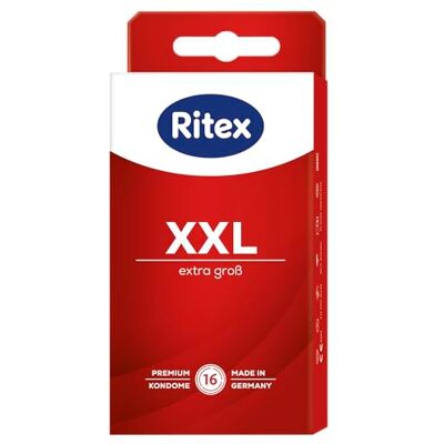 Ritex Kondome XXL – extra groß für mehr Komfort, vegan – 16 Stück Mit extra viel Gleitfilm für intensives Empfinden und ein angenehmes Tragegefühl – dermatologisch getestet, Made in Germany Ritex Kondome XXL – extra groß für mehr Komfort, vegan – 16 Stück Mit extra viel Gleitfilm für intensives Empfinden und ein angenehmes Tragegefühl – dermatologisch getestet, Made in Germany