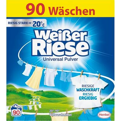 Weißer Riese Universal Pulver (90 Waschladungen), Vollwaschmittel mit riesiger Waschkraft schon ab 20° C, riesig ergiebiges Waschpulver, ideal für Familien mit Kindern Weißer Riese Universal Pulver (90 Waschladungen), Vollwaschmittel mit riesiger Waschkraft schon ab 20° C, riesig ergiebiges Waschpulver, ideal für Familien mit Kindern