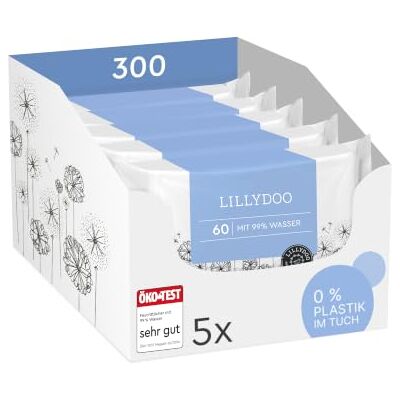 LILLYDOO Baby Feuchttücher mit 99% Wasser, 300 Stück (5 x 60), 100% plastikfreies Tuch, ohne Parfüme & mild wie Watte und Wasser LILLYDOO Baby Feuchttücher mit 99% Wasser, 300 Stück (5 x 60), 100% plastikfreies Tuch, ohne Parfüme & mild wie Watte und Wasser